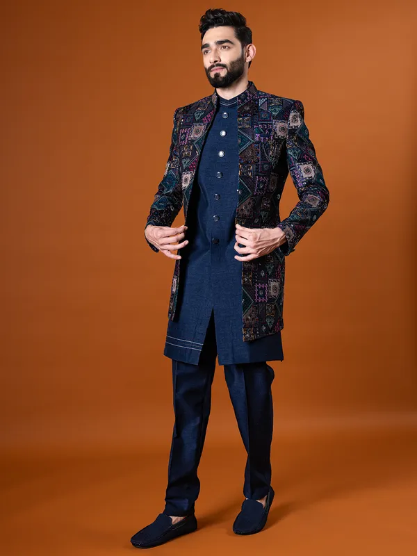 Lavish navy raw silk indo western for men