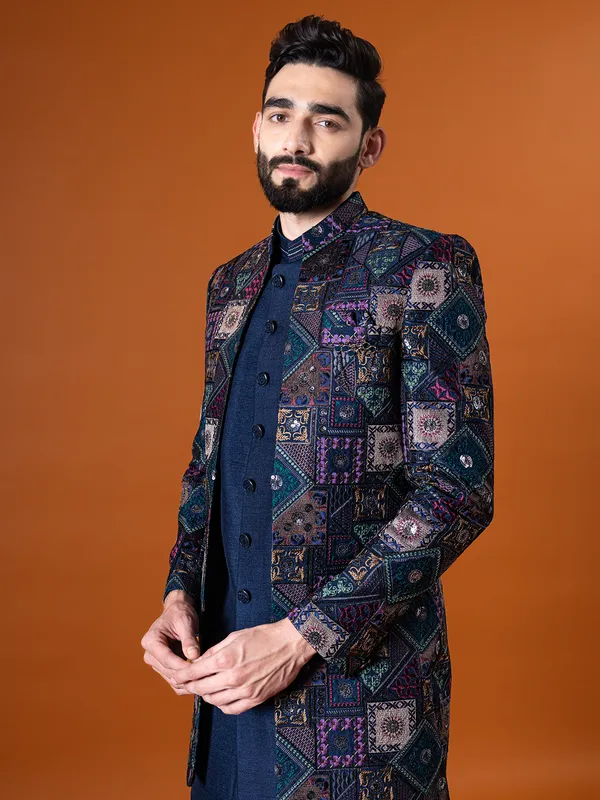 Lavish navy raw silk indo western for men