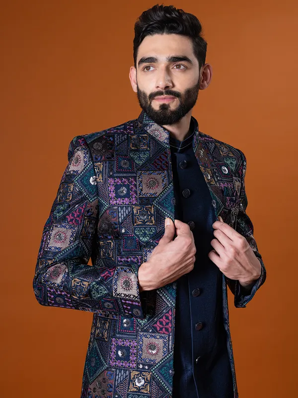 Lavish navy raw silk indo western for men