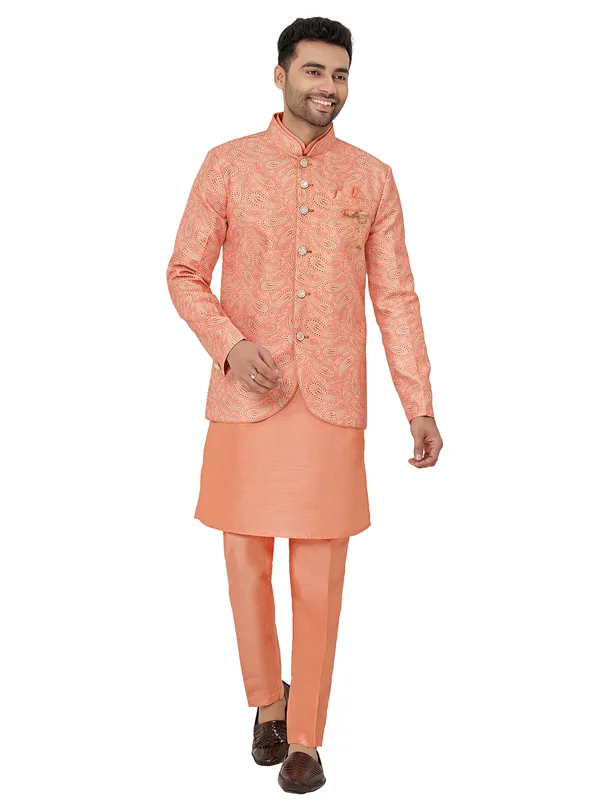 Lavish peach wedding wear silk indowestern