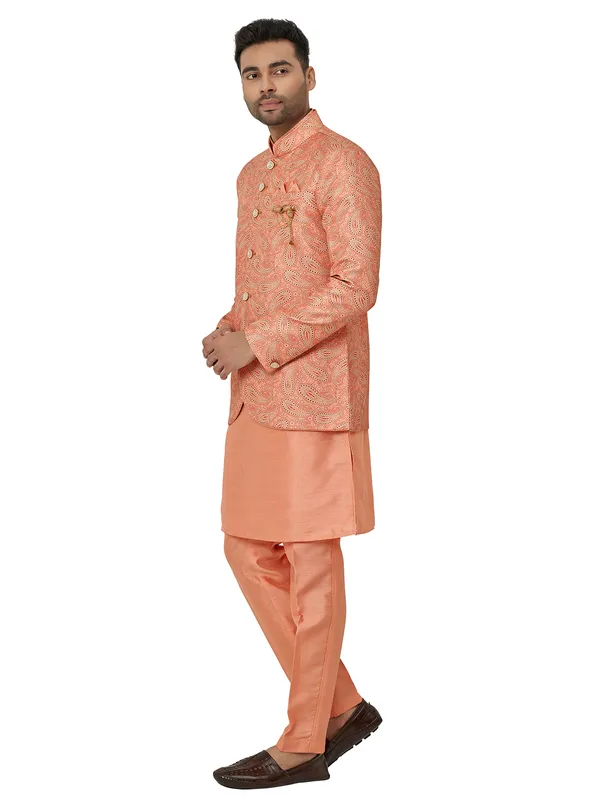 Lavish peach wedding wear silk indowestern