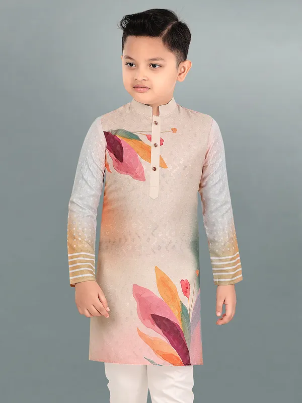 Leaf printed cream cotton kurta suit for festival for boys
