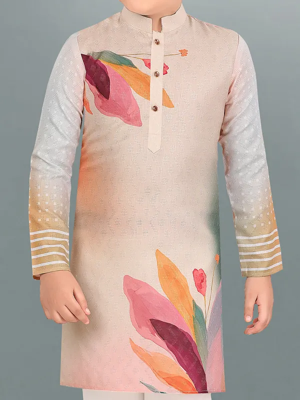 Leaf printed cream cotton kurta suit for festival for boys