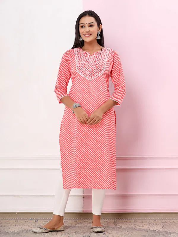 Leheriya coral pink cotton kurti