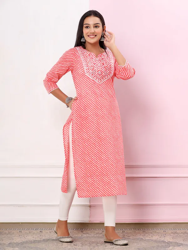 Leheriya coral pink cotton kurti