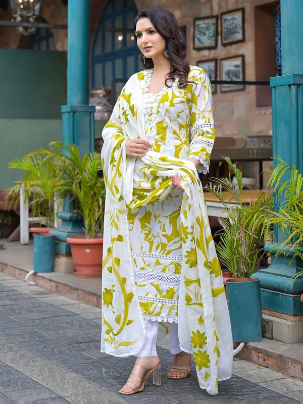 Lemon green cotton printed kurti set for women