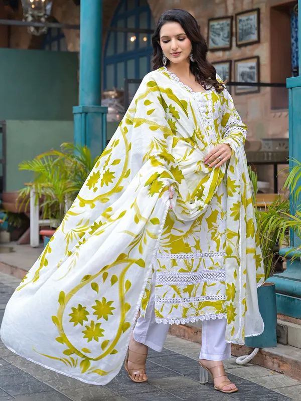 Lemon green cotton printed kurti set for women