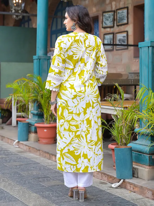 Lemon green cotton printed kurti set for women