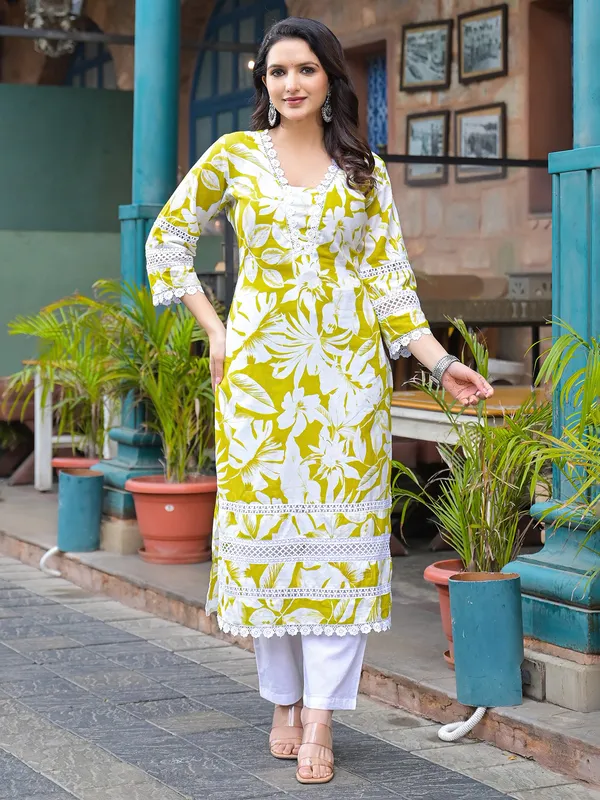 Lemon green cotton printed kurti set for women