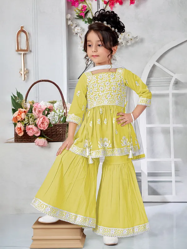 Lemon green cotton silk sharara suit with square neck