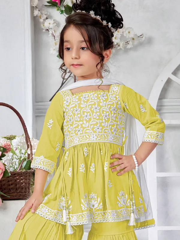 Lemon green cotton silk sharara suit with square neck