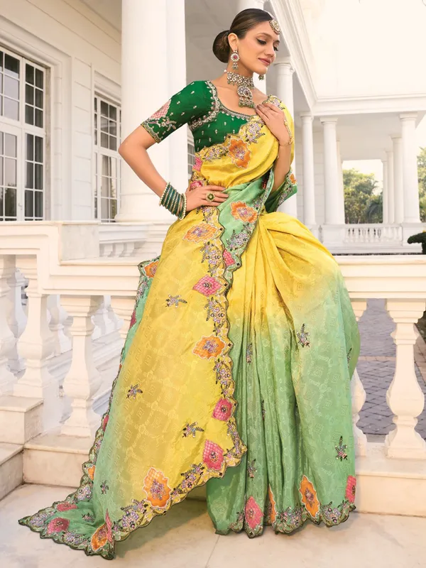 Lemon green crape saree for festive glamour