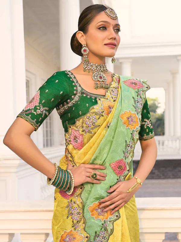Lemon green crape saree for festive glamour