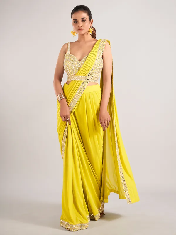 Lemon green lycra ready to wear saree