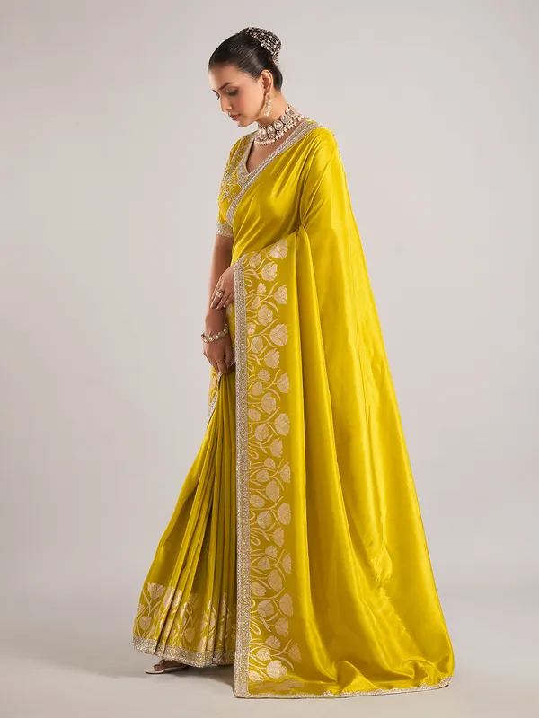 Lemon green pure dola silk saree with sequin work