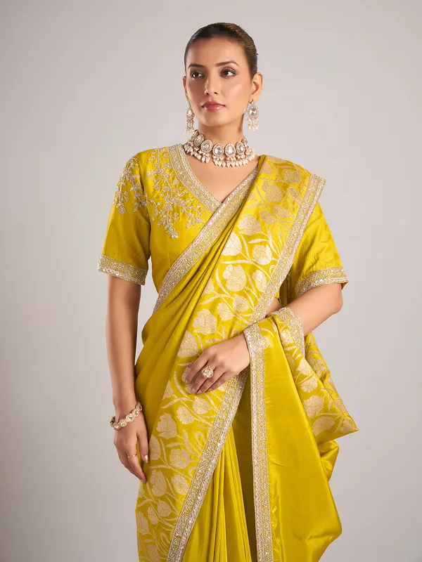 Lemon green pure dola silk saree with sequin work