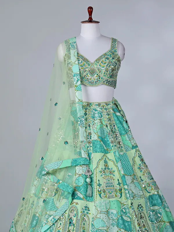 Lemon green raw silk sleeveless lehenga choli with dupatta