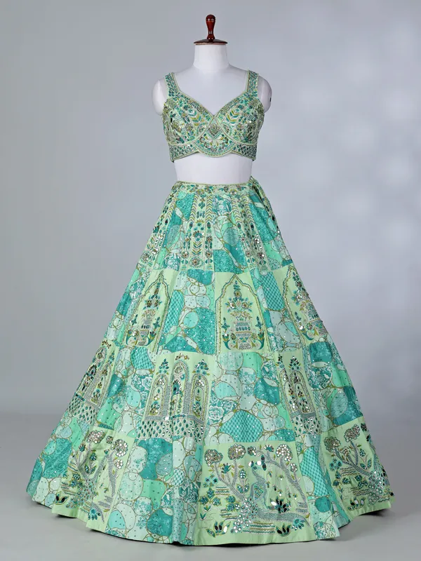 Lemon green raw silk sleeveless lehenga choli with dupatta