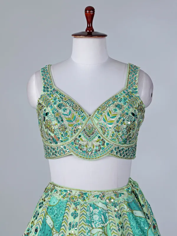 Lemon green raw silk sleeveless lehenga choli with dupatta