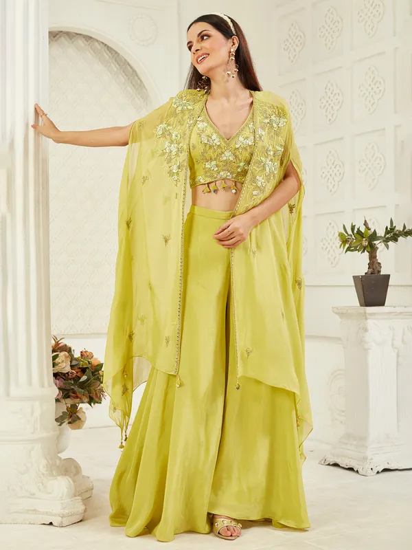 Lemon green satin silk jacket suit with aabla work