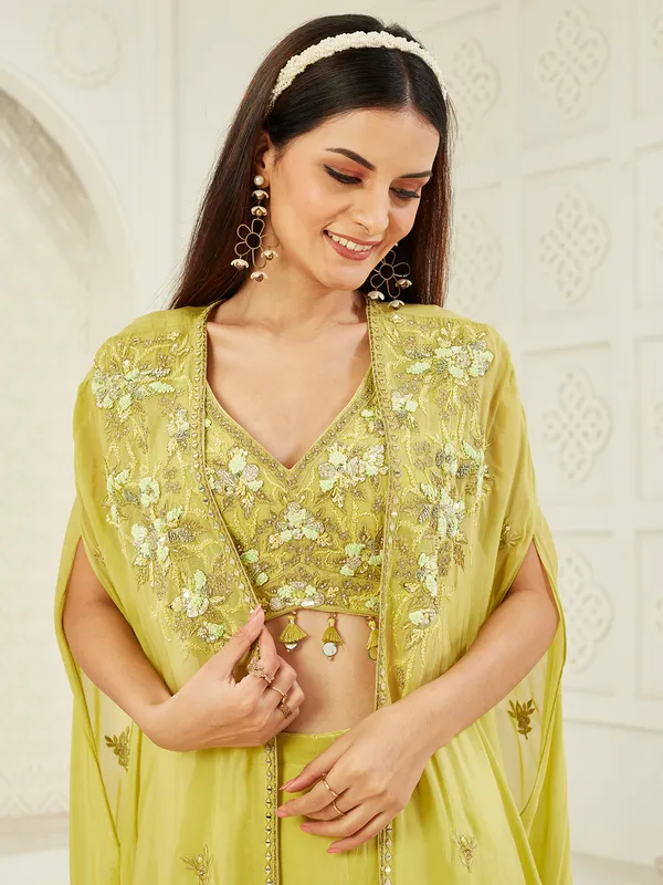 Lemon green satin silk jacket suit with aabla work