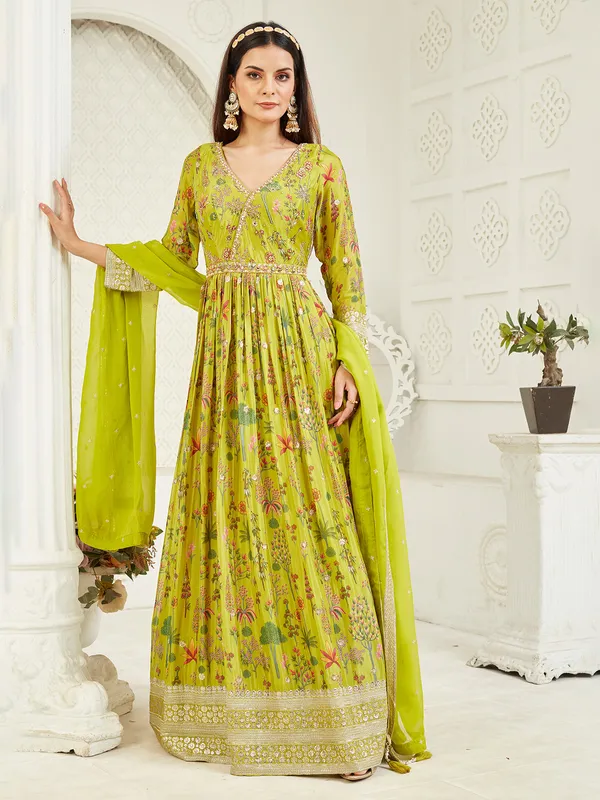 Lemon green silk anarkali with mirror embellishment