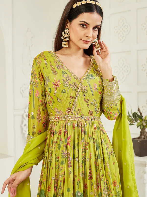 Lemon green silk anarkali with mirror embellishment