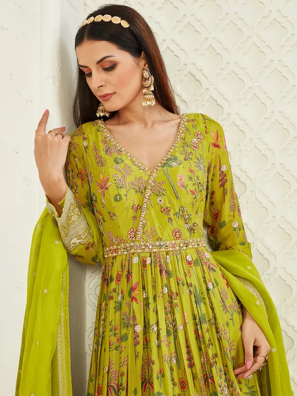 Lemon green silk anarkali with mirror embellishment