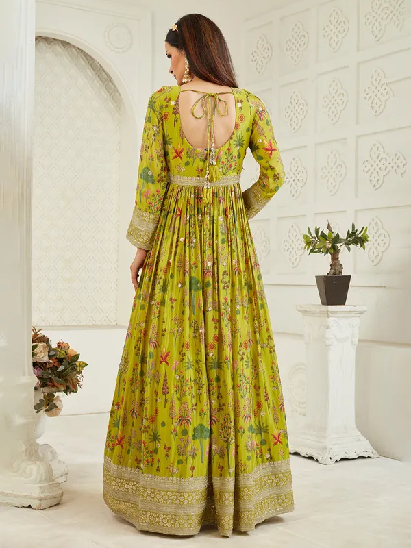 Lemon green silk anarkali with mirror embellishment