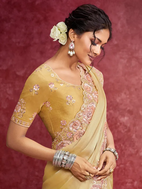 Lemon yellow festive wear tissue silk saree