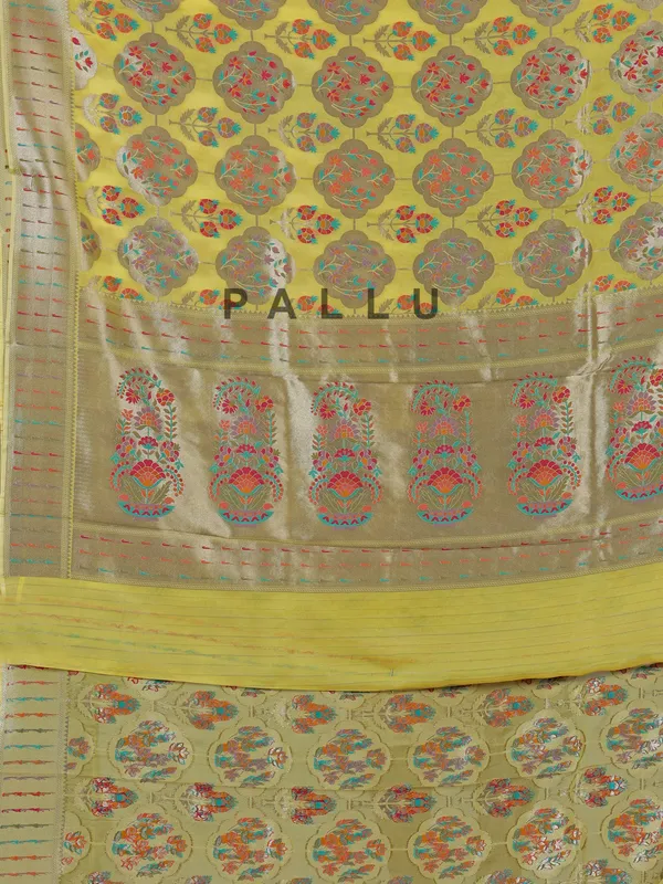Lemon yellow satin silk saree