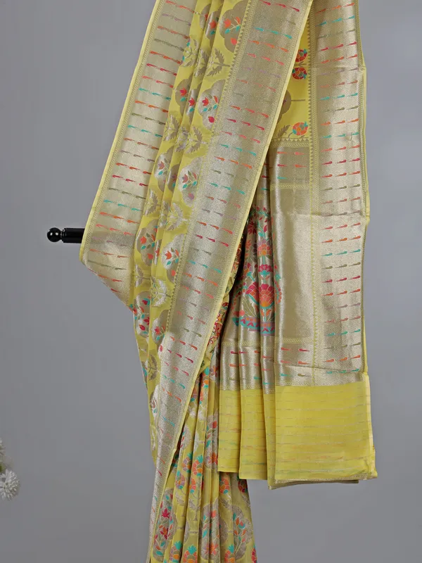 Lemon yellow satin silk saree
