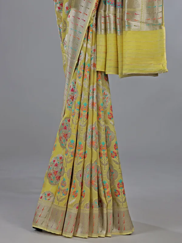 Lemon yellow satin silk saree
