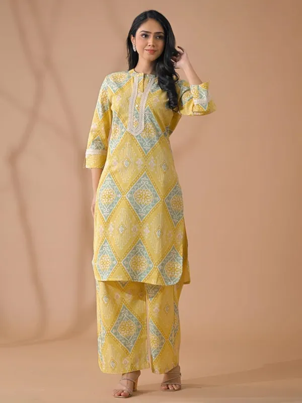 Lemon yellow silk printed kurti palazzo set