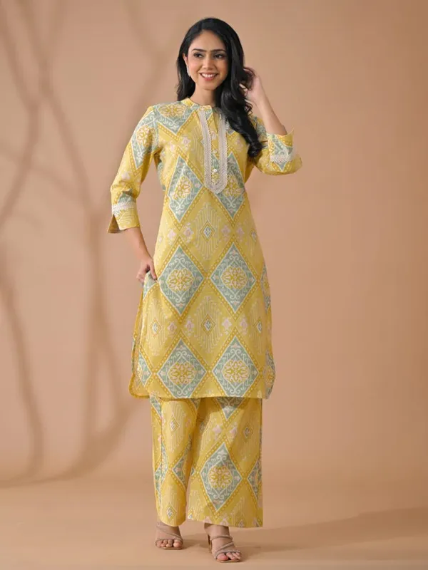 Lemon yellow silk printed kurti palazzo set