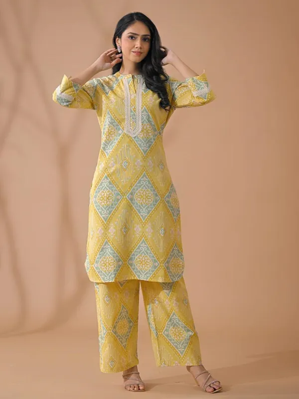 Lemon yellow silk printed kurti palazzo set
