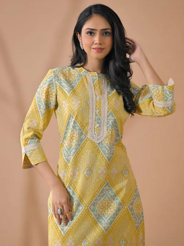 Lemon yellow silk printed kurti palazzo set