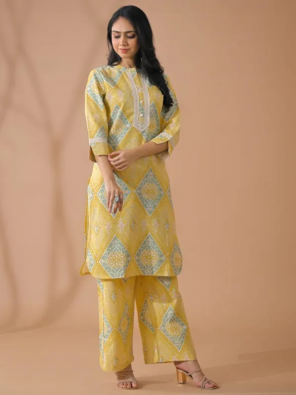 Lemon yellow silk printed kurti palazzo set