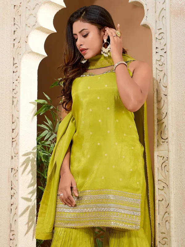 Lemon yellow silk wedding sharara suit