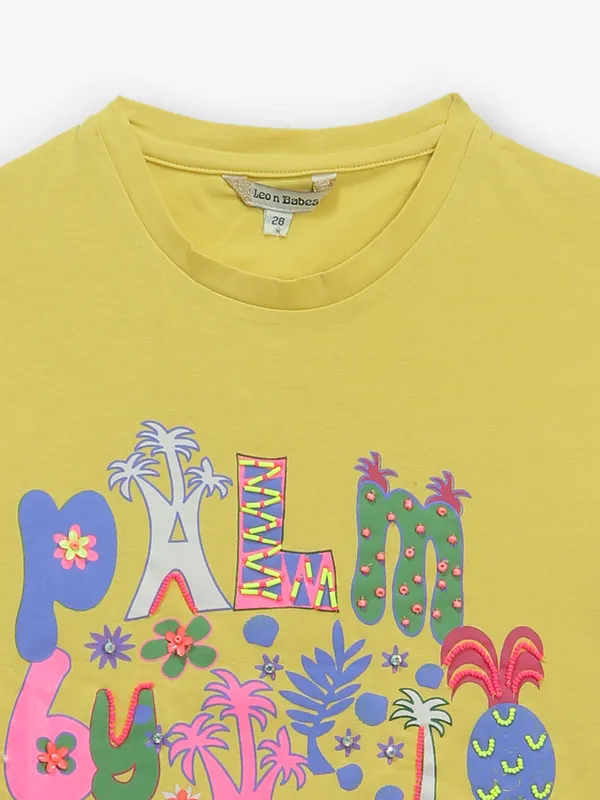 LEO N BABES mustard yellow printed cotton t-shirt