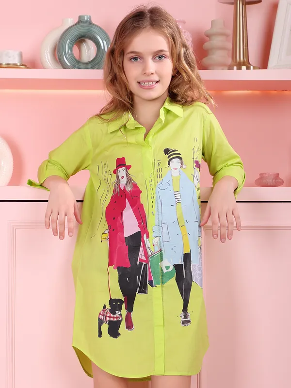 LEO N BABES neon green printed shirt dress