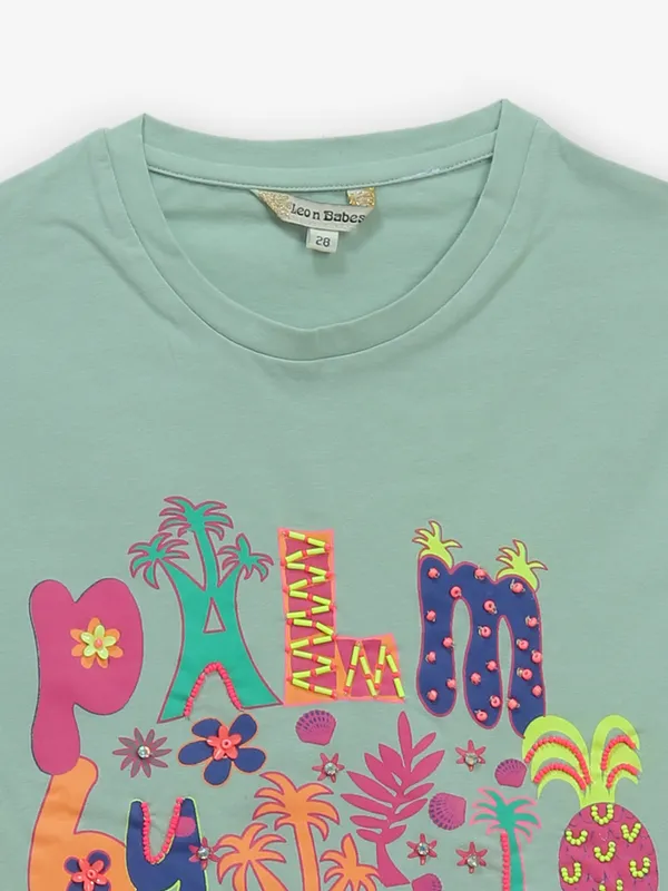 LEO N BABES pista green printed cotton t-shirt