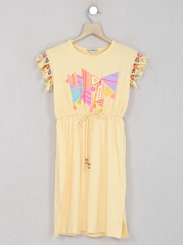 Leo N Babes prinred girls yellow hued frock in georgette