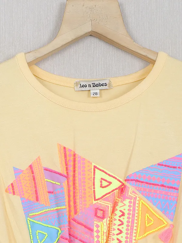Leo N Babes prinred girls yellow hued frock in georgette