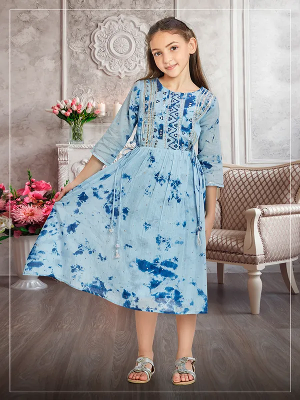 Leo n Babes printed sky blue cotton casual frock for girls