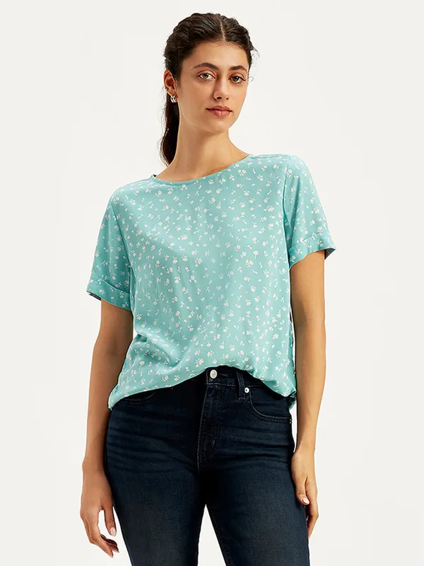 LEVIS mint blue printed silk top