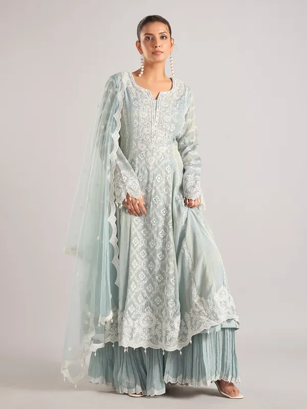 Light aqua silk pakistani style sharara suit with dupatta
