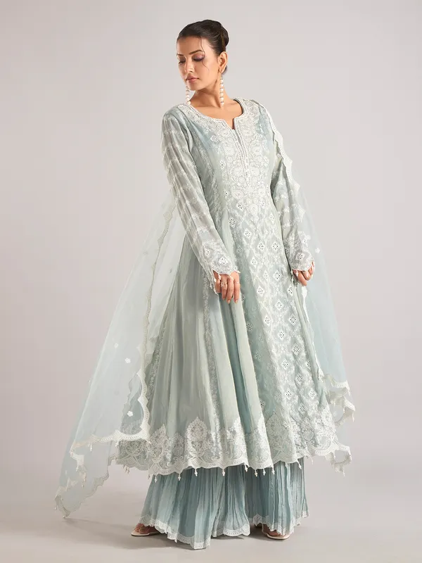 Light aqua silk pakistani style sharara suit with dupatta