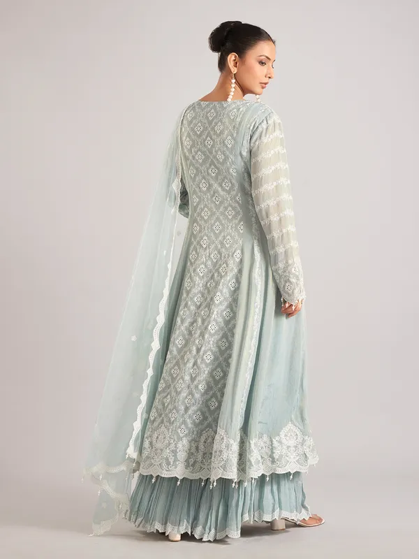 Light aqua silk pakistani style sharara suit with dupatta