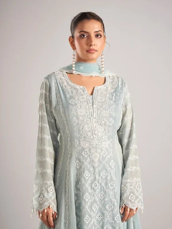 Light aqua silk pakistani style sharara suit with dupatta